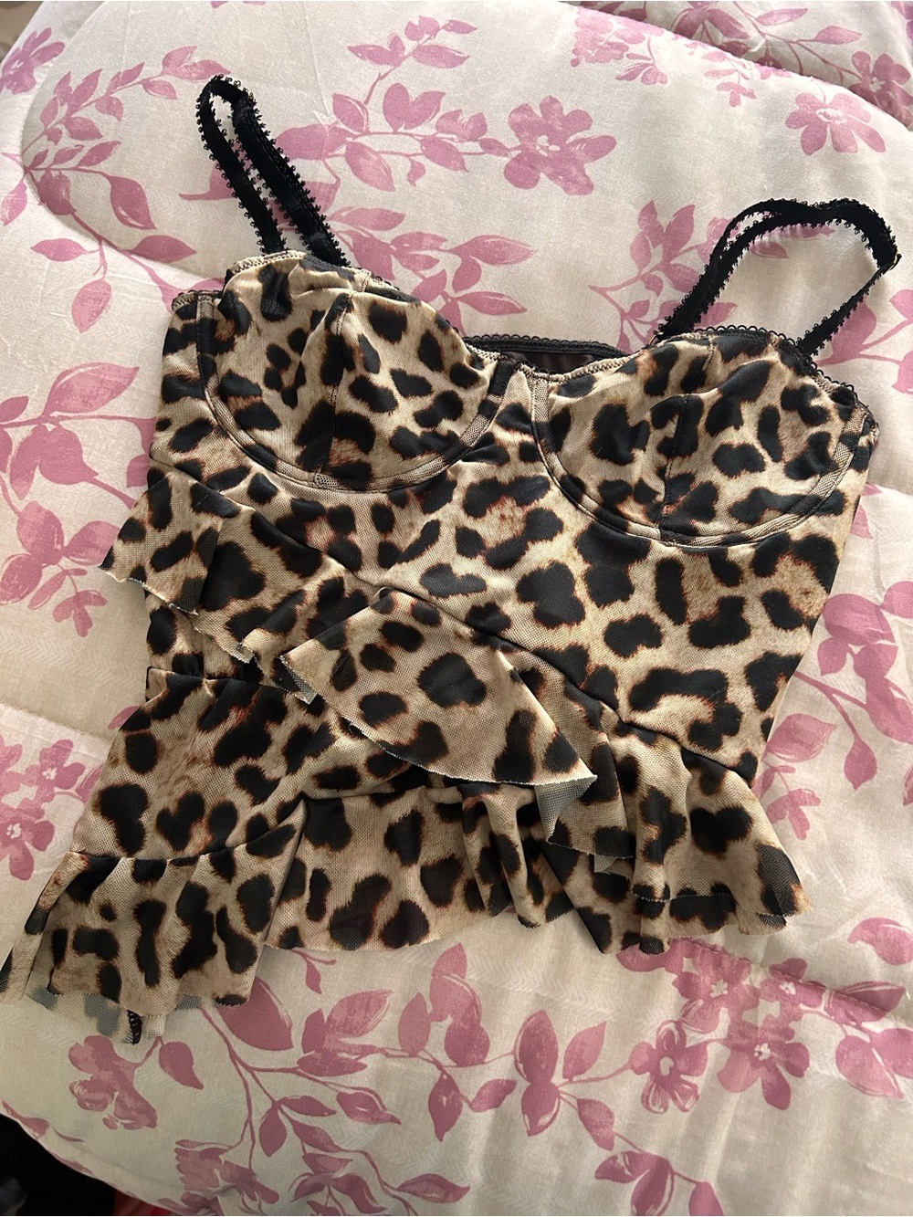 Leopard Print Ruffle Bustier Top - Beige/Black